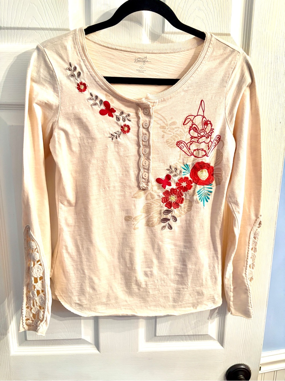 Disney Boutique Cream Long-Sleeve Henley Top with Red Floral Embroidery
